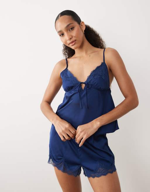 Abercrombie & Fitch satin lace trim pajama cami in navy - part of