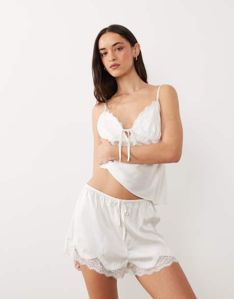 Abercrombie & Fitch satin lace trim pajama shorts in cream - part of a set - view 1