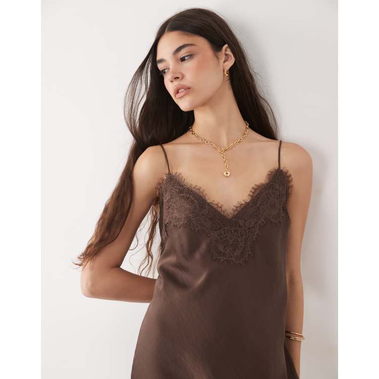 Abercrombie & Fitch satin lace trim strappy mini dress in brown | ASOS