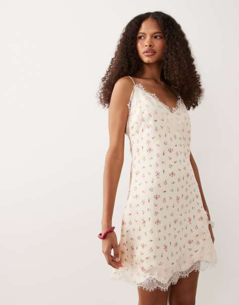 Abercrombie & Fitch satin lace trim strappy mini dress in cream floral - view 1
