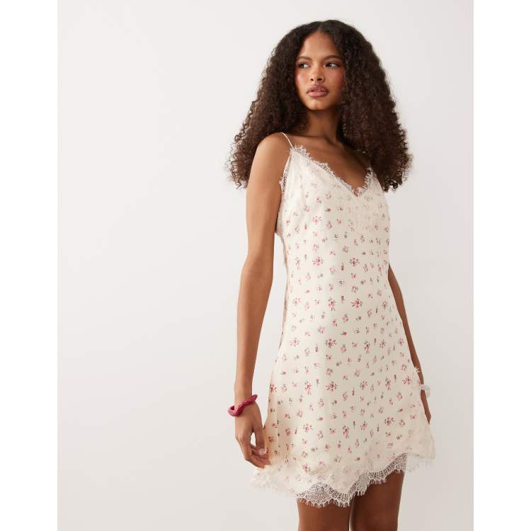 Abercrombie & Fitch satin lace trim strappy mini dress in cream floral |  ASOS
