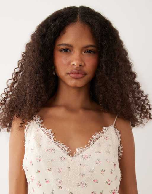 Abercrombie & Fitch satin lace trim strappy mini dress in cream floral |  ASOS