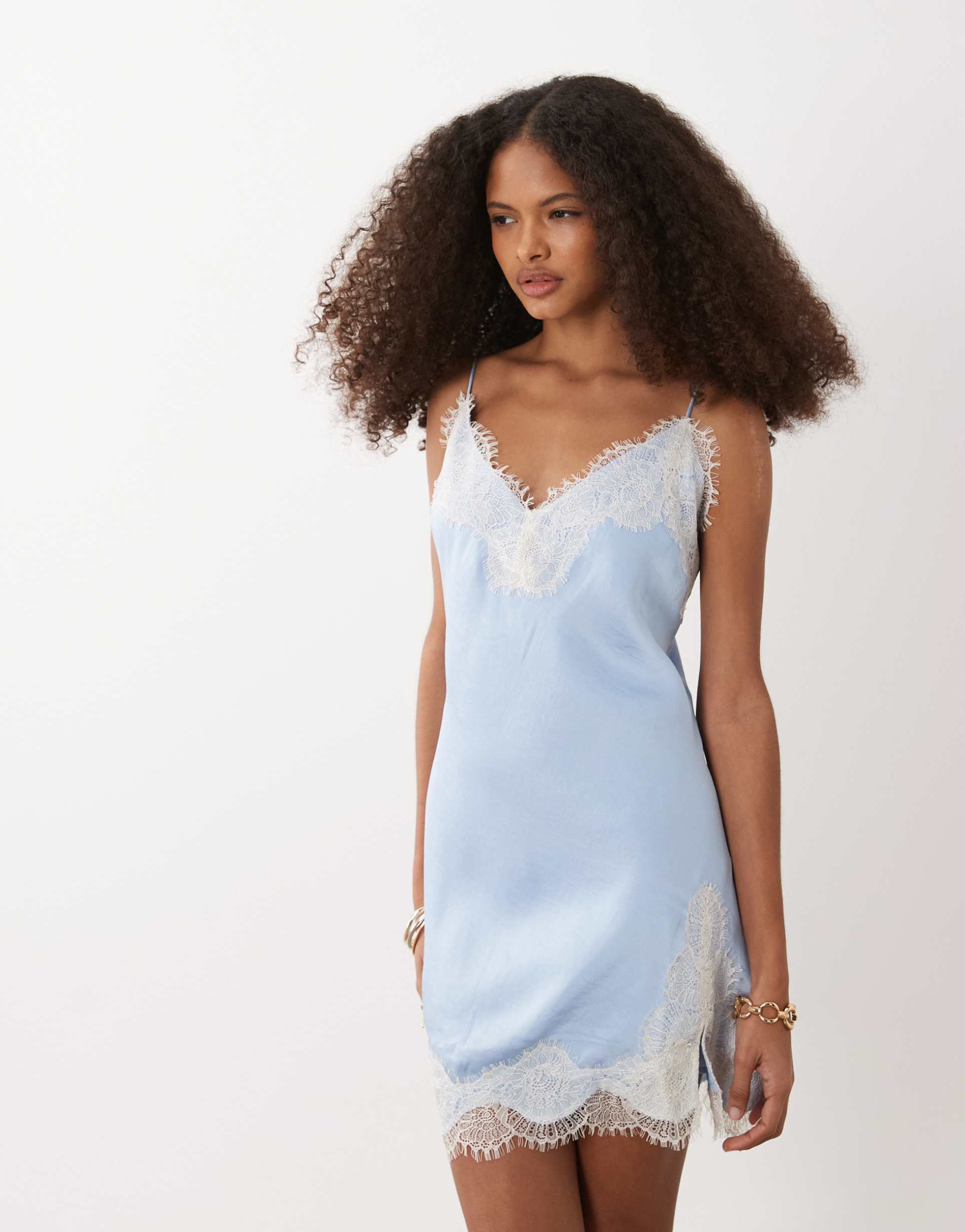 abercrombie & fitch satin lace trim strappy mini dress in light blue