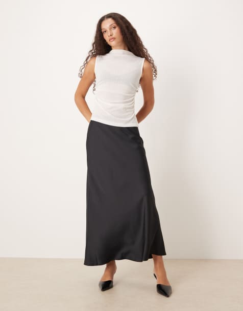 Abercrombie & Fitch satin look high rise bias cut maxi skirt in black - view 1