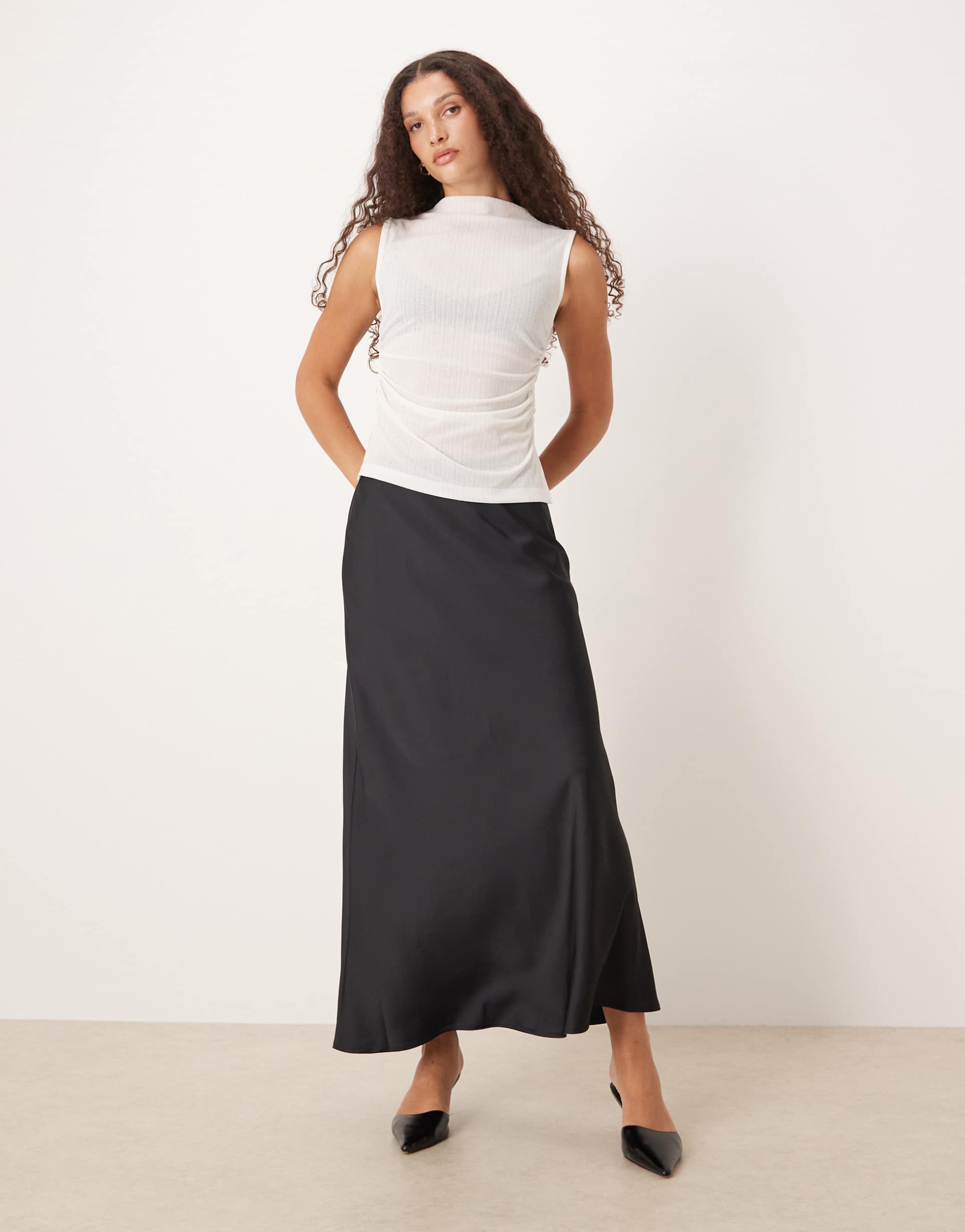 abercrombie & fitch satin look high rise bias cut maxi skirt in black