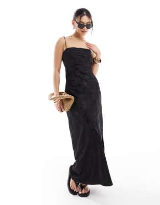 Abercrombie Fitch Satin Maxi Dress With Jacquard Print In Black Asos