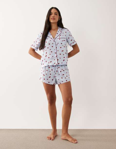 Abercrombie & Fitch satin pyjama co-ord with tomato polka dot in blue - view 1