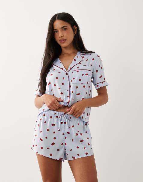 Abercrombie & Fitch satin pyjama short co-ord with tomato polka dot in blue - view 1