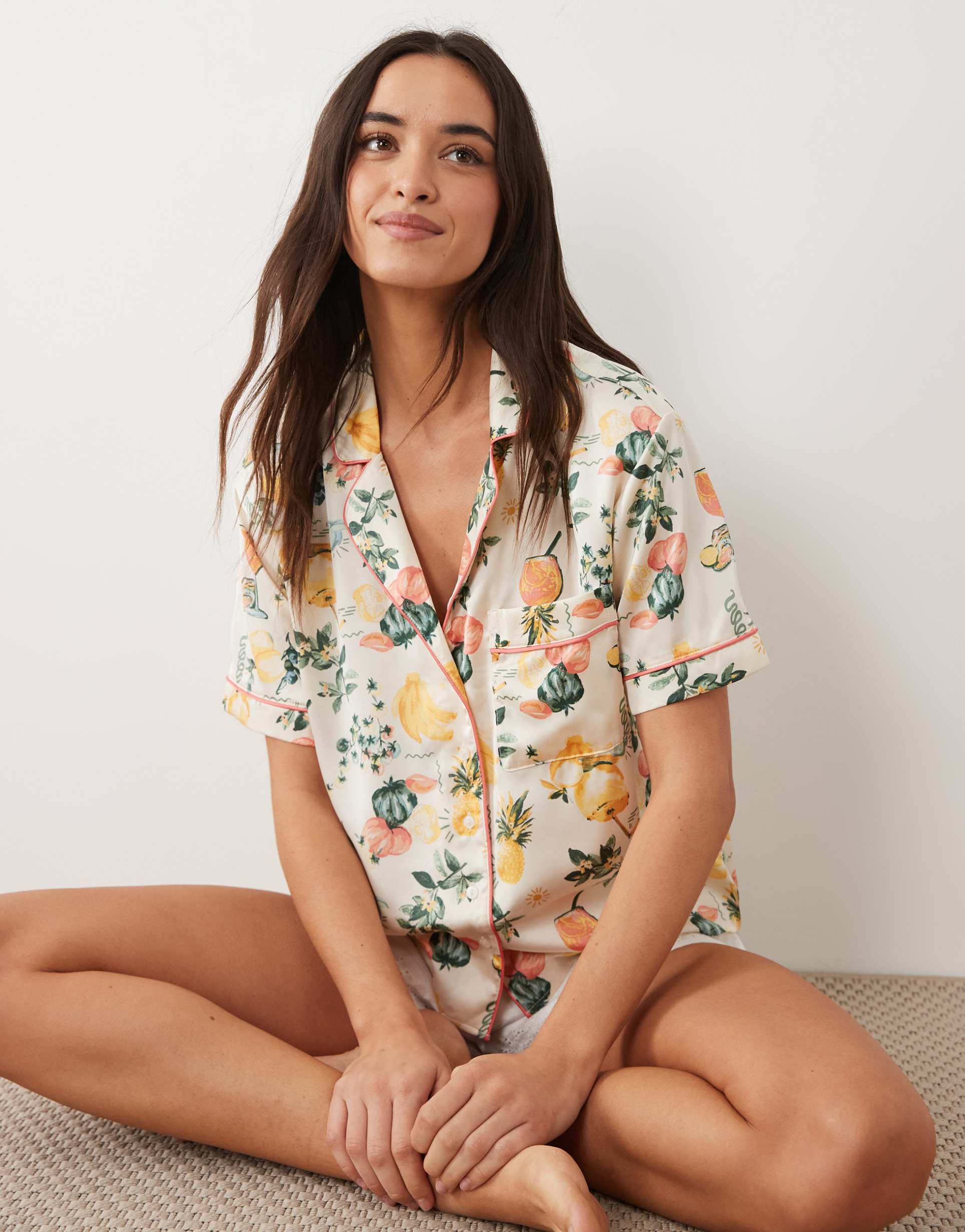 abercrombie & fitch satin short sleeve pajama shirt in yellow citrus print - part of a set