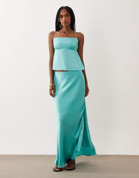 Abercrombie & Fitch satin skirt & top co-ord in turquoise - view 1