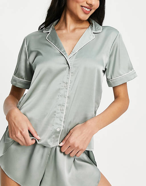 Abercrombie & Fitch satin sleep shirt co-ord in green