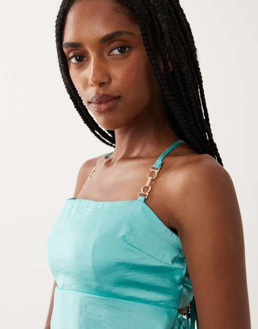 Abercrombie & Fitch satin square neck cami co-ord in turquoise , 3 of 4