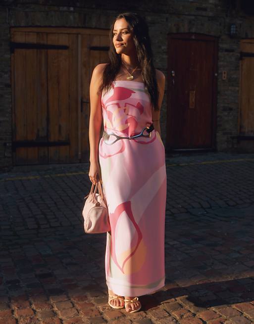 pink floral satin dress Lace-Trim Maxi Glow like the island sky with our Light Pink Satin Floral Print Maxi Dress Pink A Line Floral Satin