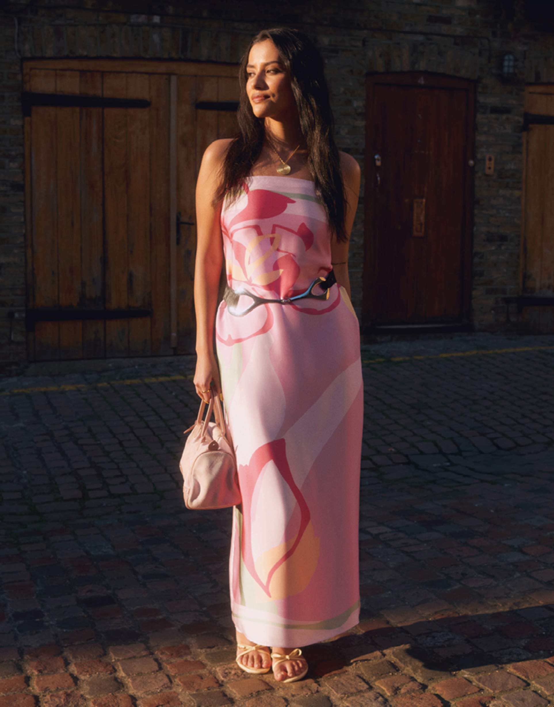 abercrombie & fitch satin strapless maxi dress in pink floral