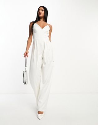 Abercrombie & Fitch satin v-neck jumpsuit in white