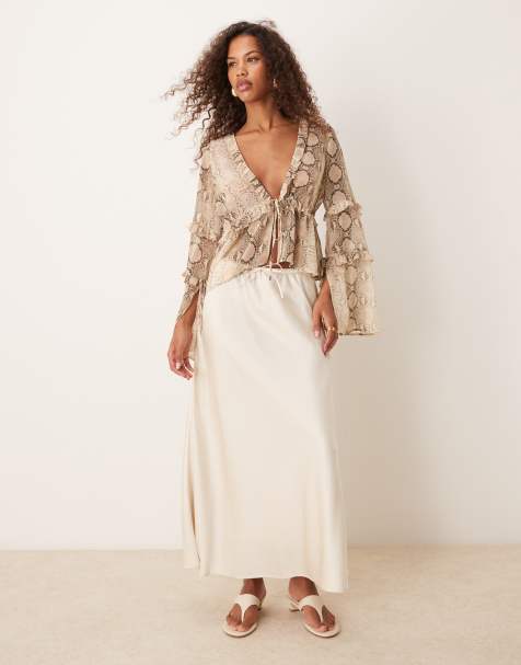 Abercrombie & Fitch mid rise draw string waist satin bias skirt in champagne 