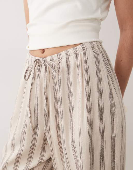 Abercrombie & Fitch – Schlupfhose aus Leinenmix in Beige gestreift mit elastischem Bund mit Bindeband, 3 von 5