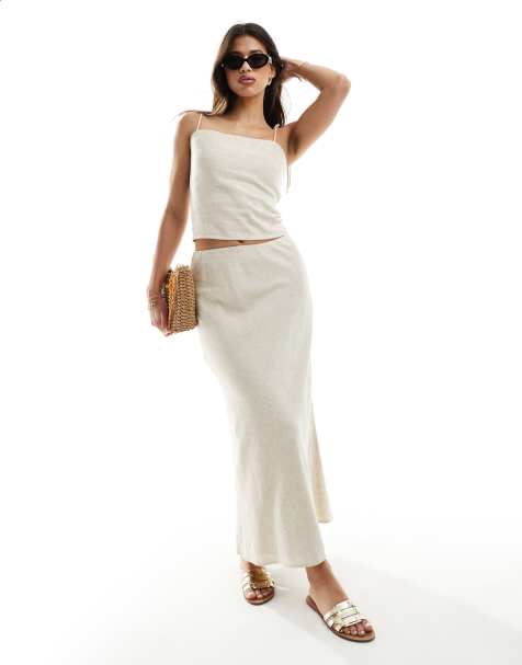 Abercrombie & Fitch - Schuingesneden maxi rok van linnenmix in havermout, deel van co-ord set - view 1