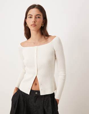 Abercrombie & Fitch - Schulterfreies Oberteil in Creme mit durchgehender Knopfleiste-Weiß