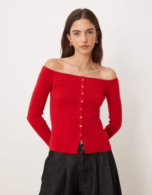 Abercrombie & Fitch - Schulterfreies Oberteil in Rot mit durchgehender Knopfleiste