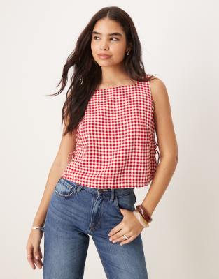 Abercrombie & Fitch - Schürzen-Oberteil in Rot mit Vichy-Karos und seitlichen Bindedetails-Blau