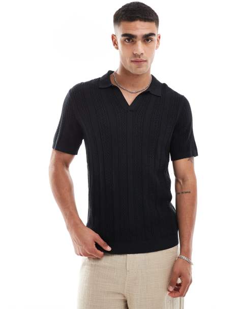 Abercrombie & Fitch – Schwarzes Strick-Poloshirt mit Nahtstreifen-Textur und offenem Kragen - view 1