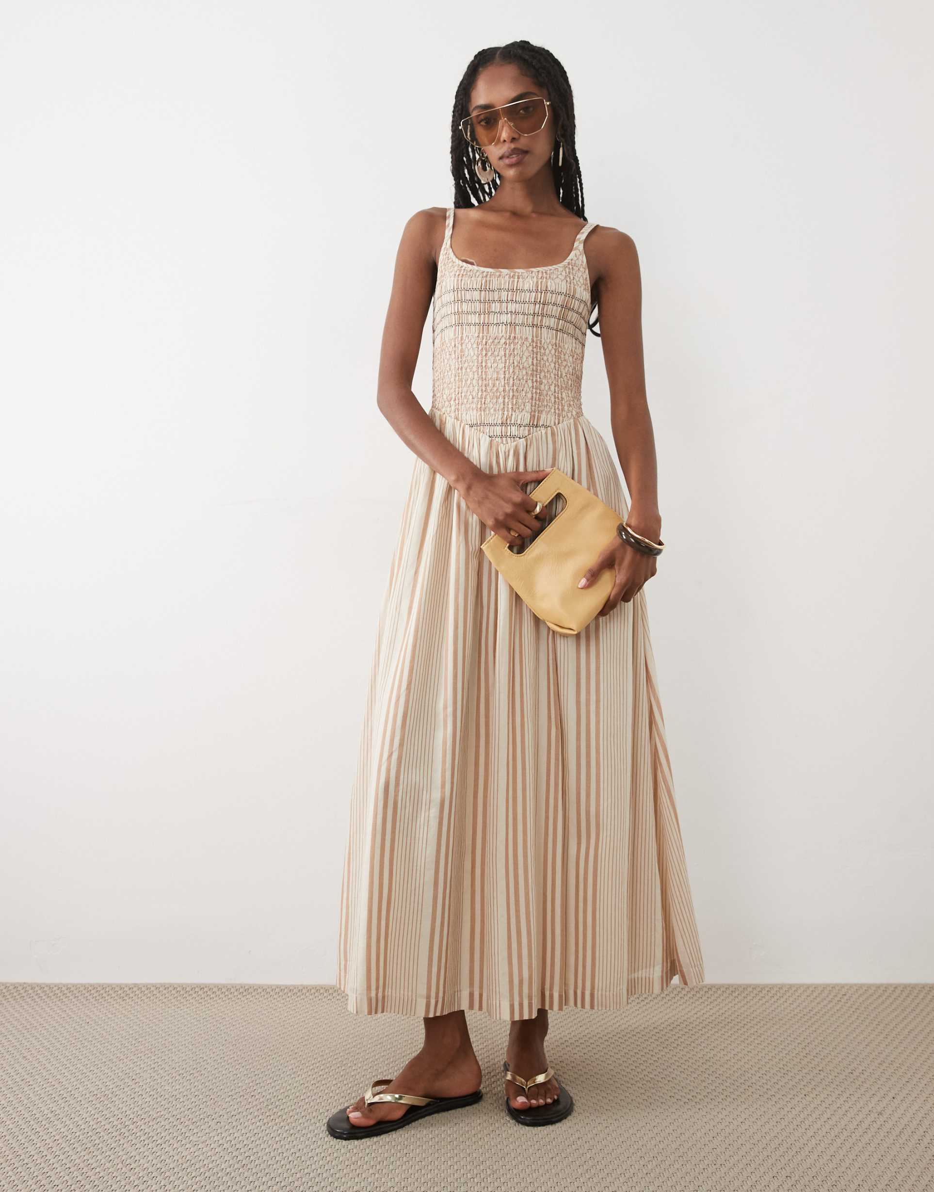 abercrombie & fitch scoop neck dipped waist maxi dress in brown stripe