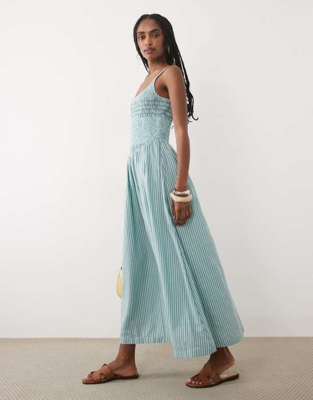 Abercrombie & Fitch scoop neck dipped waist midaxi dress in blue stripes