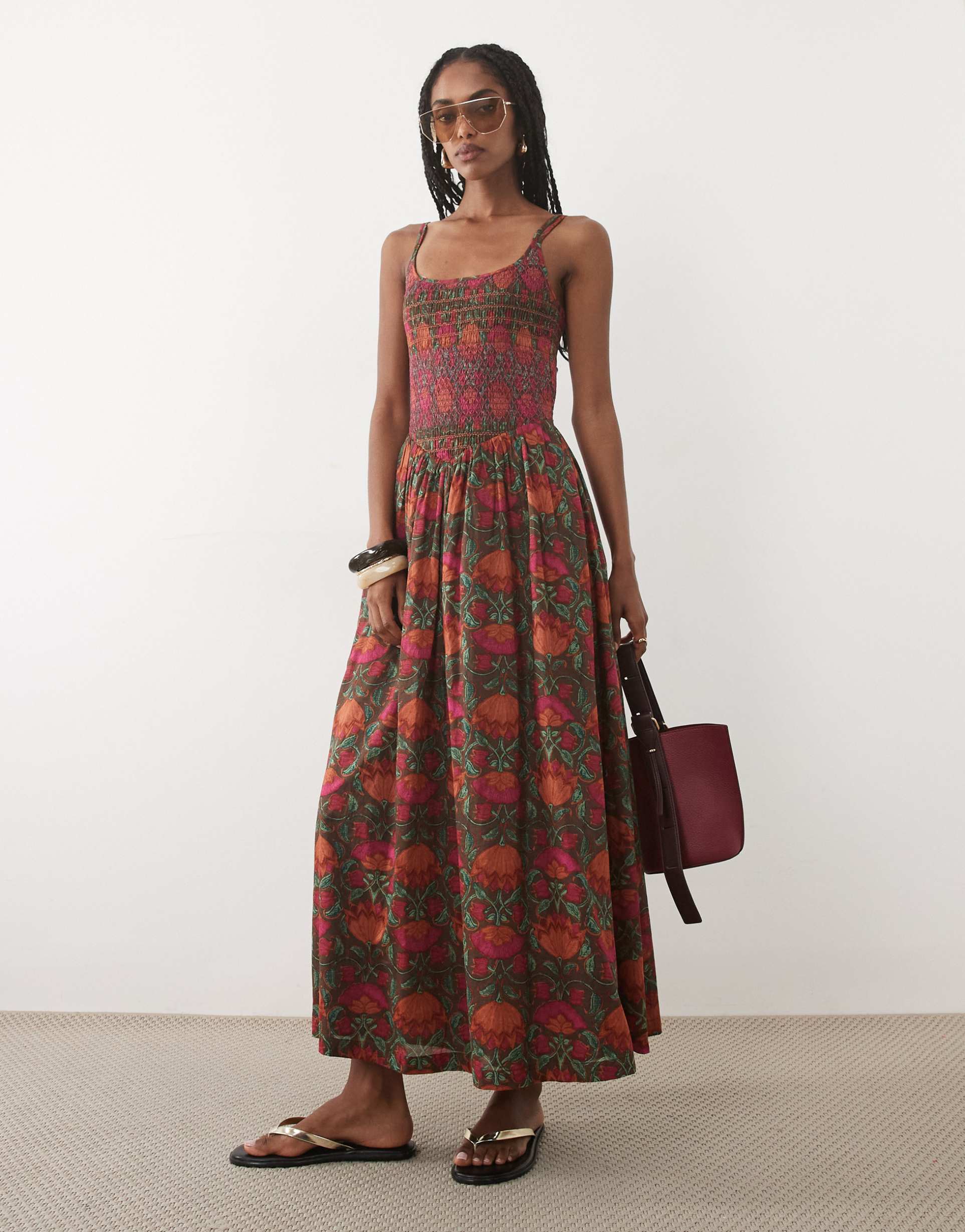 abercrombie & fitch scoop neck dipped waist midaxi dress with bold floral print in brown