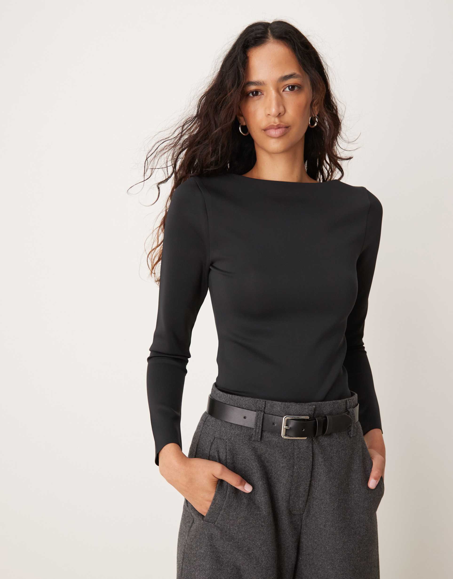 abercrombie & fitch sculpt matte long sleeve top in black with slash neck
