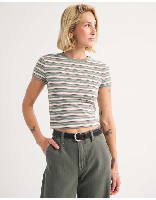 Abercrombie & Fitch Seamless fabric baby tee in olive gray stripe, 3 of 6