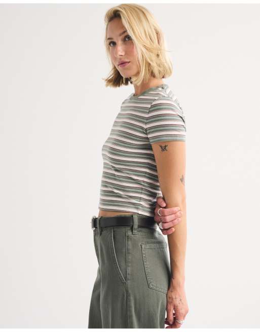 Abercrombie & Fitch Seamless fabric baby tee in olive gray stripe, 4 of 6