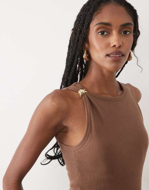 Abercrombie & Fitch seamless high neck tank top with gold-tone detail in brown - view 1