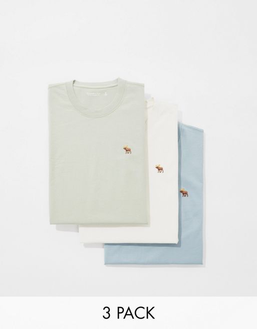 Abercrombie & Fitch - Set van 3 T-shirts met icoonlogo in beige/groen/blauw
