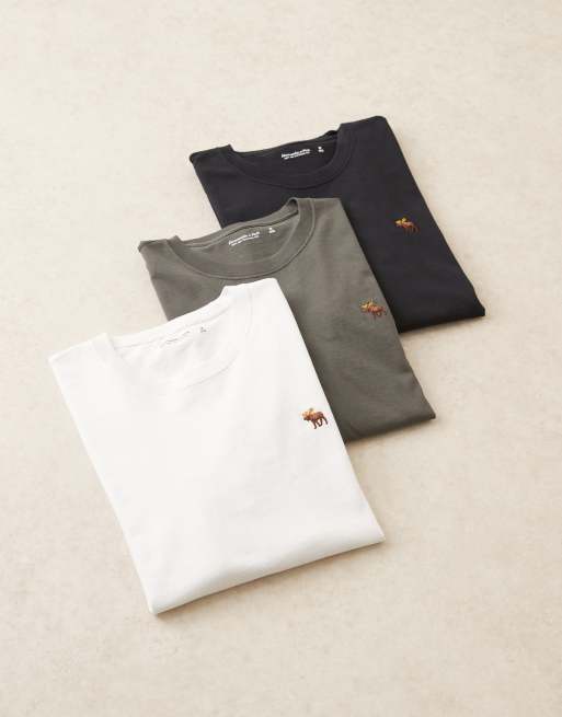Abercrombie & Fitch - Set van 3 T-shirts met lange mouwen en icoonlogo in zwart/antracietgrijs/wit