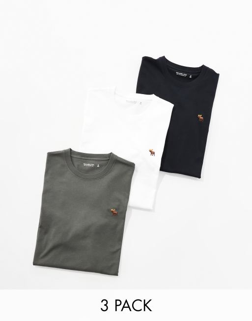 Abercrombie & Fitch - Set van 3 T-shirts met lange mouwen en icoonlogo in zwart/bruin/wit