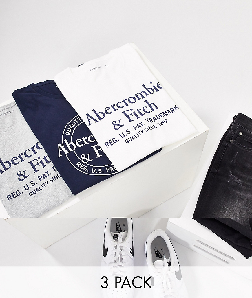 Abercrombie & Fitch - Set van 3 T-shirts met logo en ronde hals in wit/marineblauw/grijs-Multi