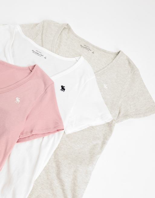 Abercrombie & Fitch - Set van 3 T-shirts met V-hals en icoonlogo in grijs/wit/roze