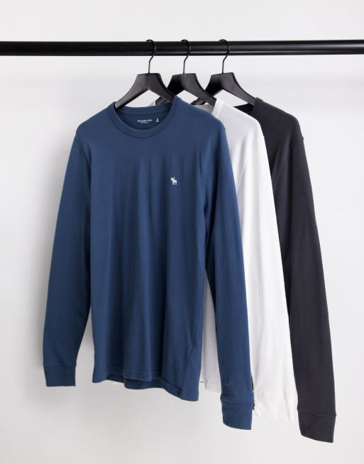 Abercrombie & Fitch - Set van 3 tops met logo en lange mouwen in zwart/marineblauw/wit