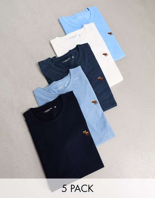 Abercrombie & Fitch - Set van 5 t-shirts met icoonlogo in blauwtinten en wit