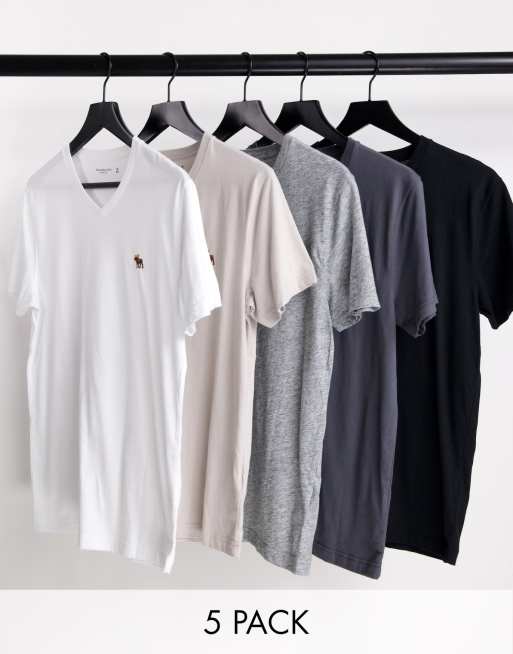 Abercrombie & Fitch - Set van 5 T-shirts met V-hals en 3D logo in wit/beige/grijstinten/zwart