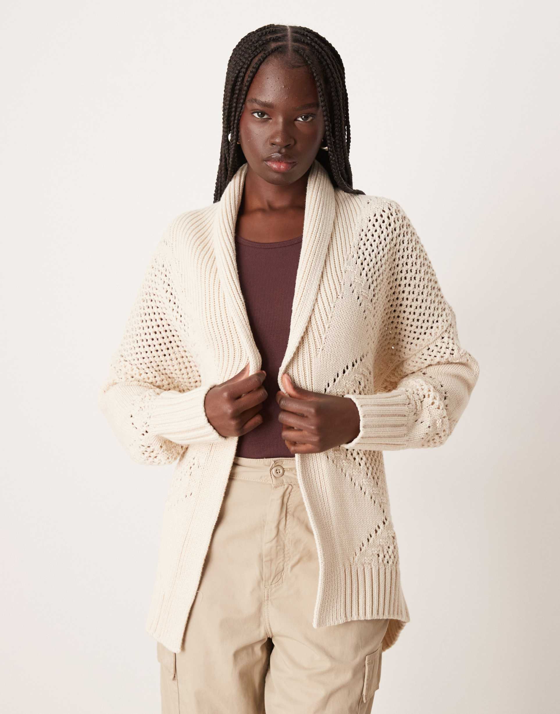 abercrombie & fitch shawl collar boho cardigan in cream