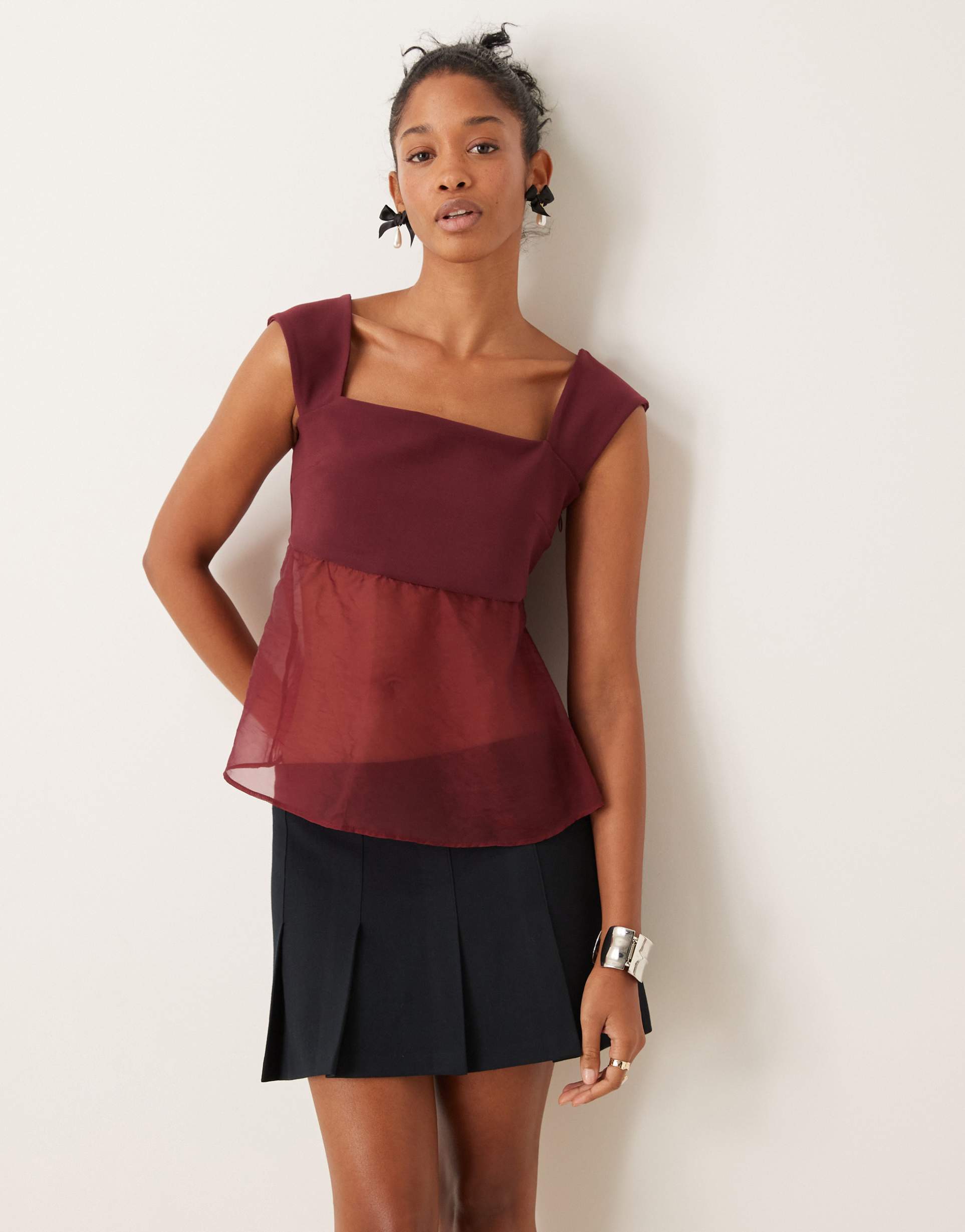 abercrombie & fitch sheer babydoll cami top in burgundy