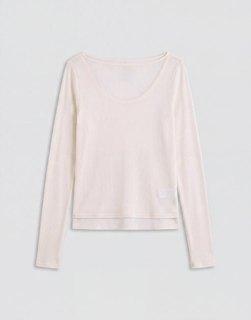 Abercrombie & Fitch sheer long sleeve layered top in cream, 6 of 9