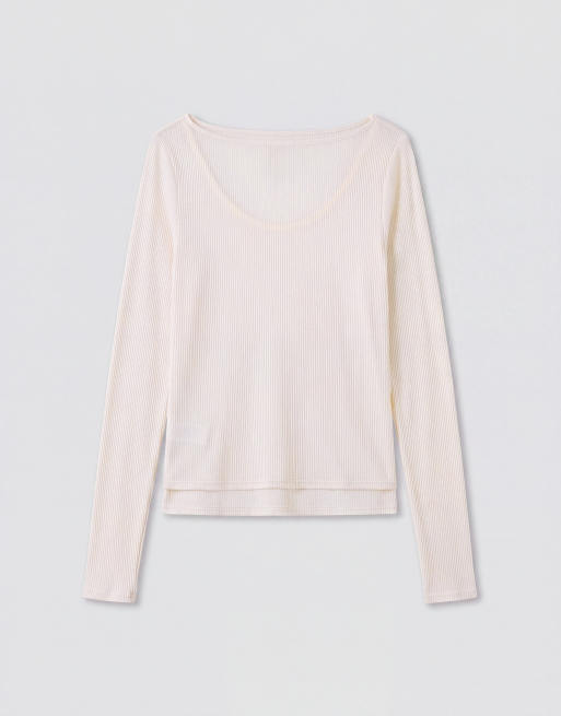 Abercrombie & Fitch sheer long sleeve layered top in cream, 7 of 9