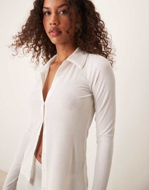 Abercrombie & Fitch sheer ribbed button up long sleeve polo in off white - view 1