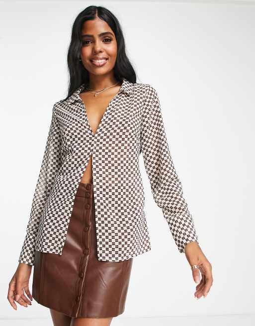 Abercrombie & Fitch sheer shirt in brown checkerboard 