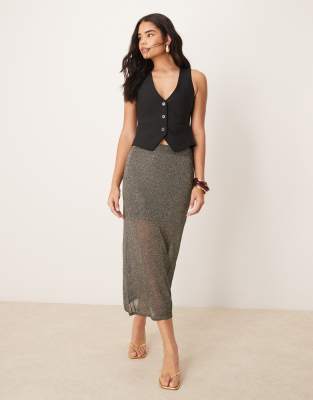 sheer skirt with underlay in metallic charcoal-Gray