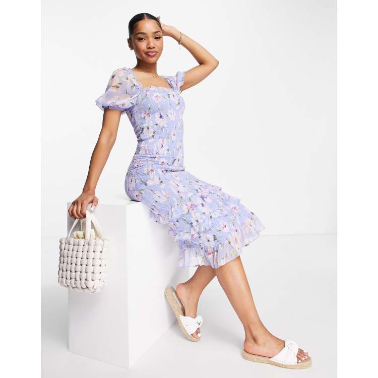 Abercrombie & Fitch スモックポプリンのミディドレス ブルー Abercrombie & Fitch dipped waist smocked poplin midi dress