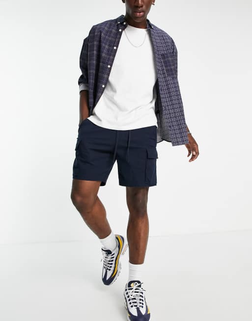 Abercrombie & Fitch - Short cargo style utilitaire en lin extensible à cordon de serrage - Bleu marine
